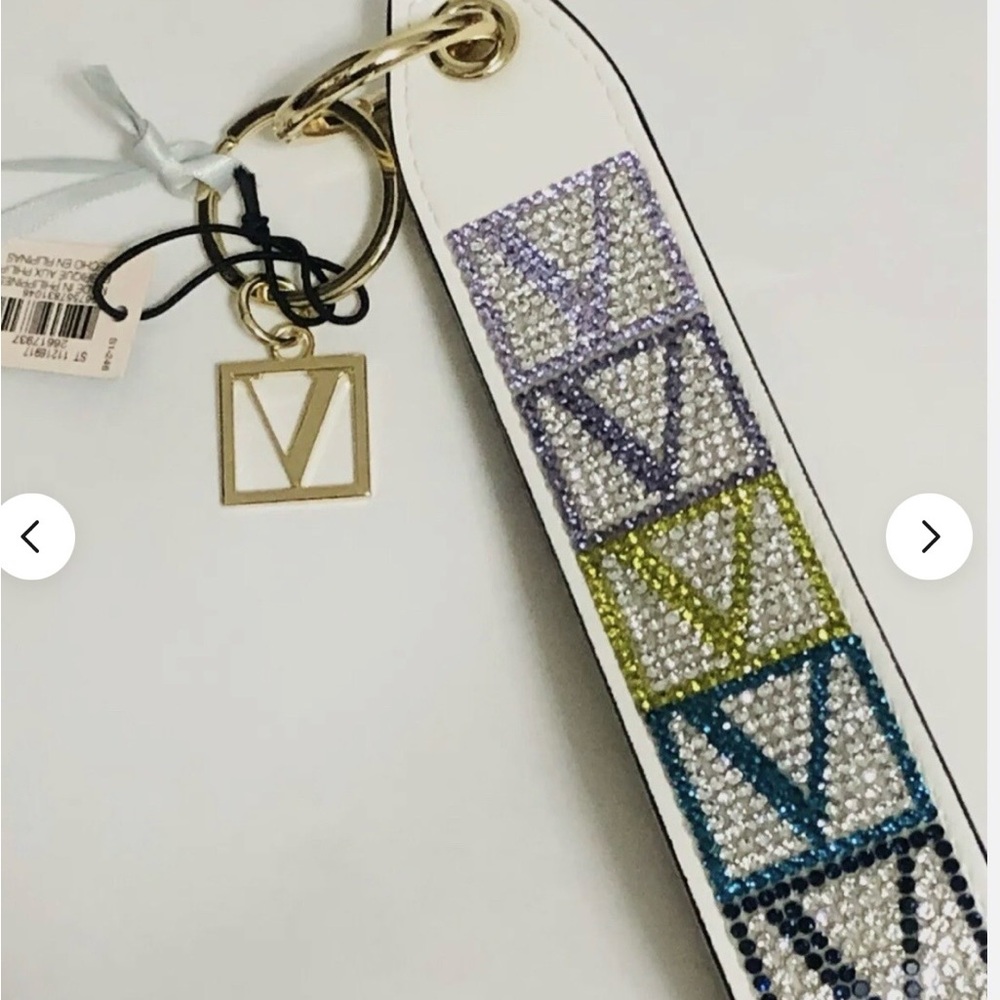 Victoria's Secret White Crystal V Strap Key Holder with Multicolor Accents